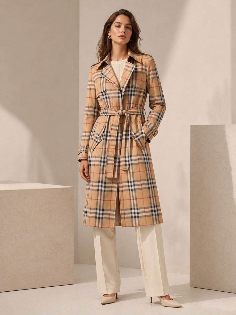 NYGÅRD Trench Coat Plaid Beige Red Blue Belted Classic Long Coat